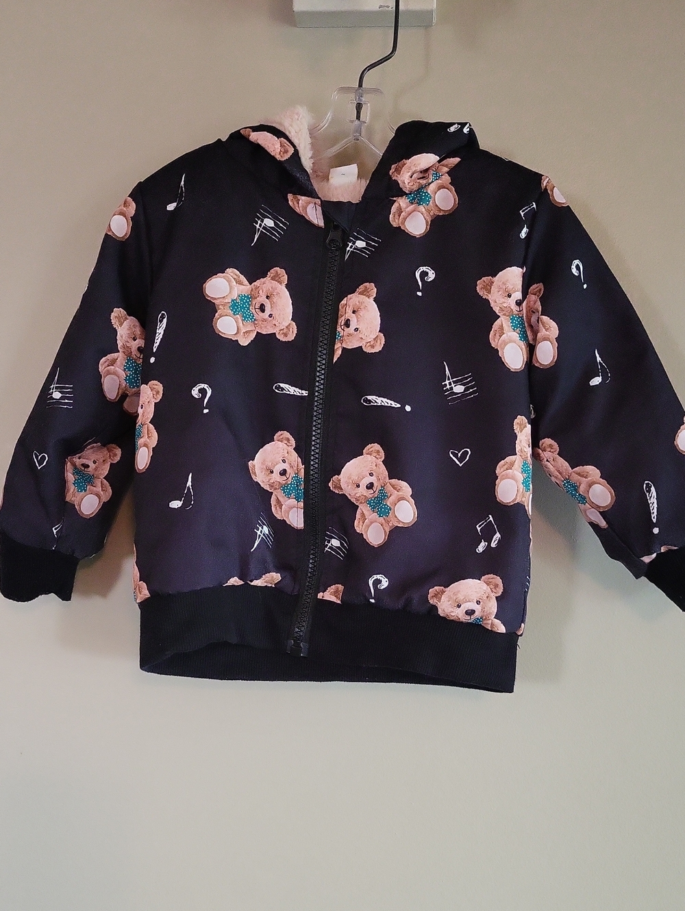 Black teddy bear print plush lined hooded jacket